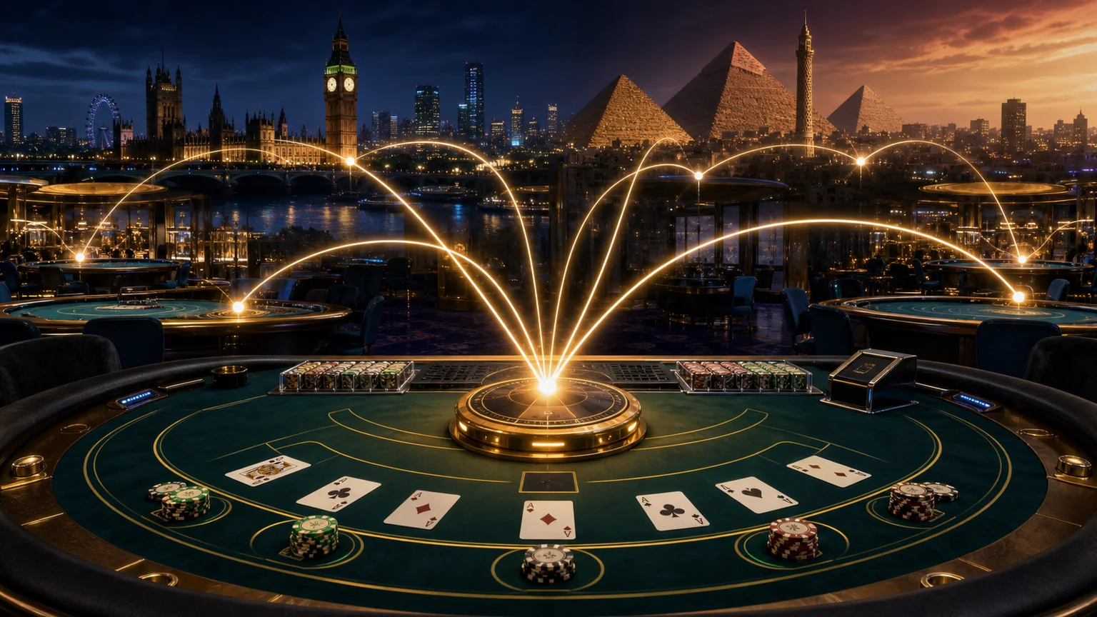 AI-generated editorial illustration of blackjack progressive technology connecting casino venues in the UK and Egypt