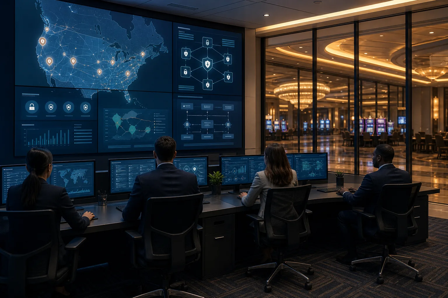 Conceptual compliance team coordinating legal oversight across physical casino resorts and digital gaming operations