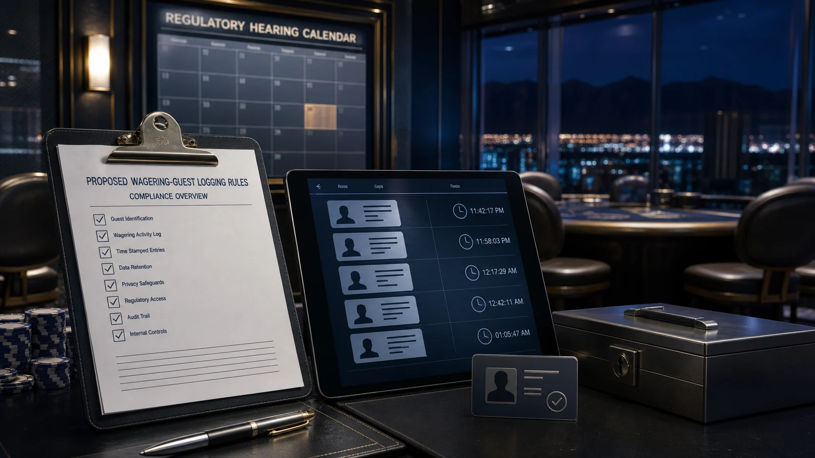 AI-generated regulatory hearing and digital wagering guest log inside a Nevada gaming salon