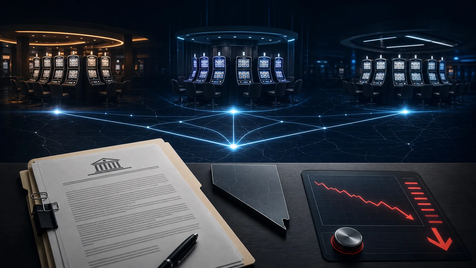 AI-generated network of linked casino slot machines with a Nevada regulatory proposal and lower progression indicator