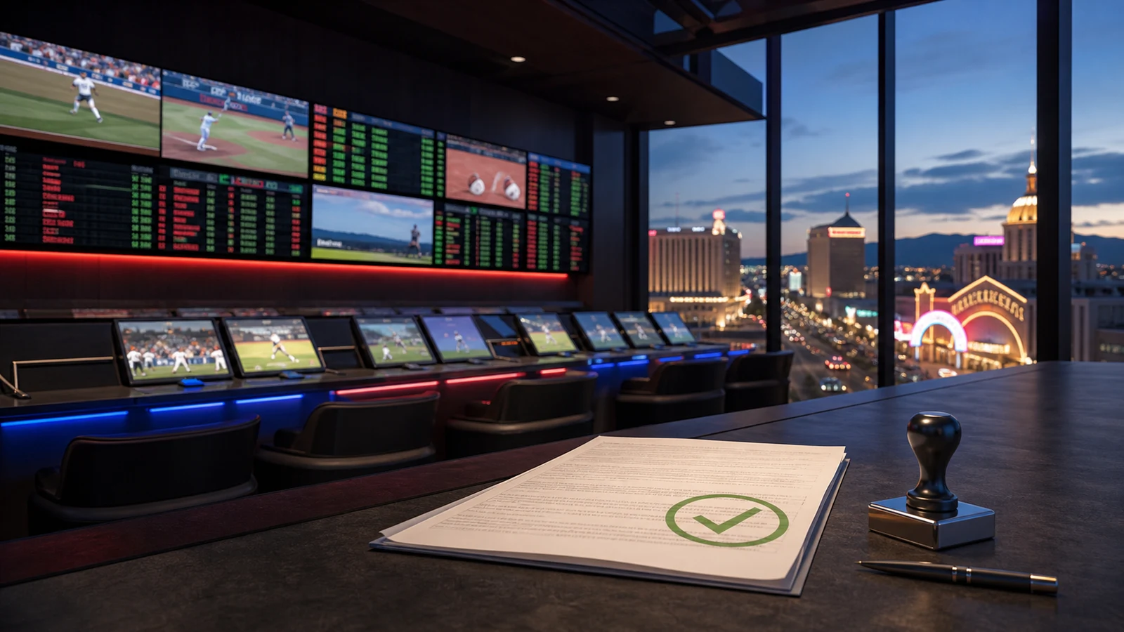 AI-generated editorial illustration of Nevada sportsbook licensing approvals