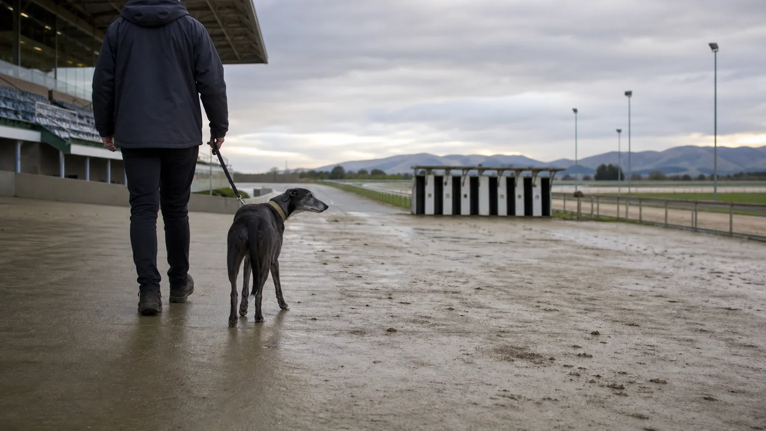 Retired greyhound being led away from an empty New Zealand racetrack after the commercial racing ban