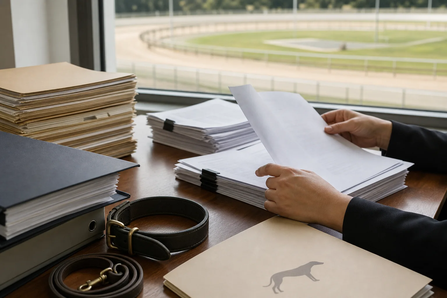 Transition paperwork, greyhound collar and empty racetrack representing New Zealand's industry closure process