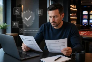 Adult online casino customer reviewing bank and income records during a source-of-funds check