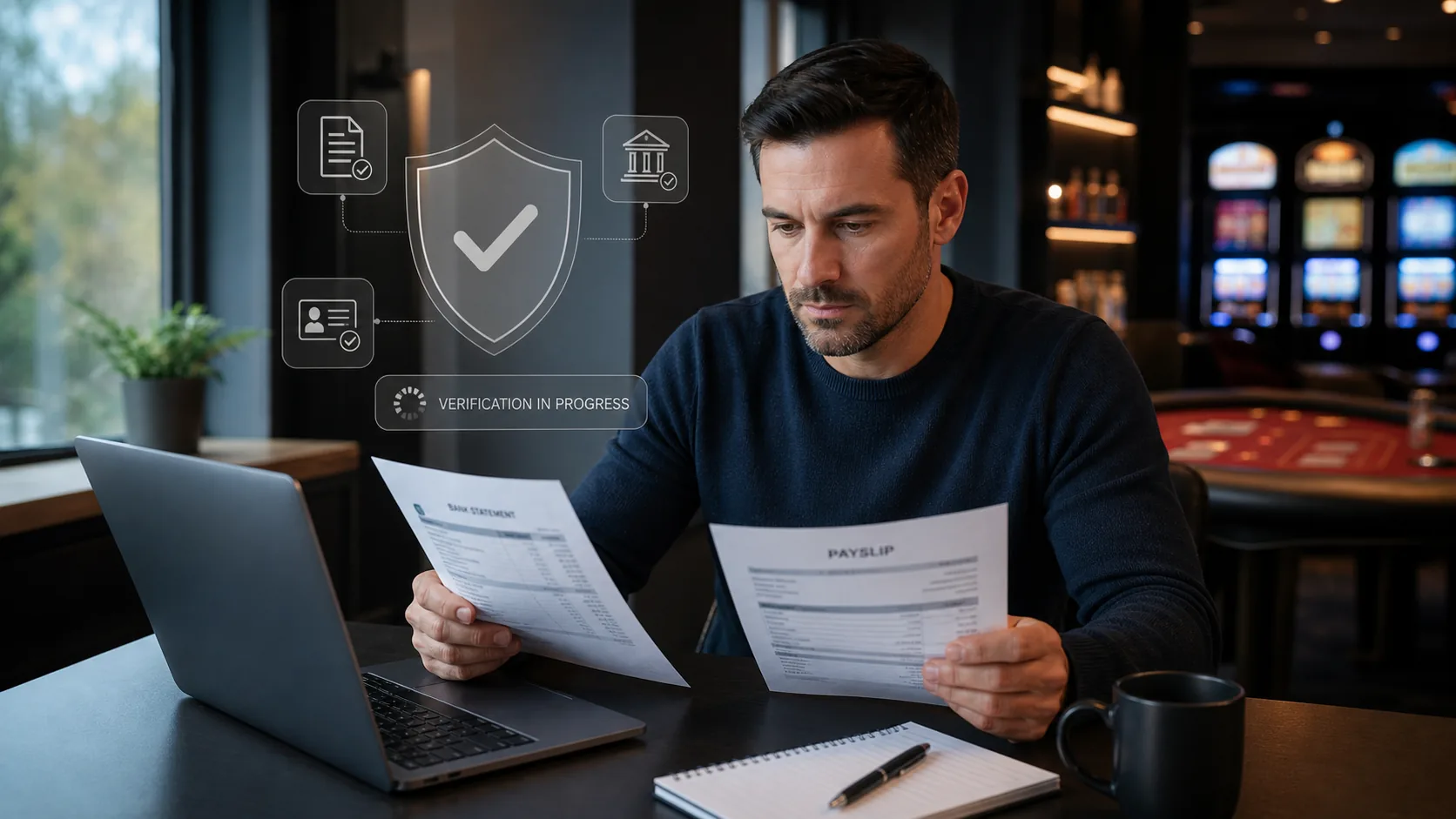 Adult online casino customer reviewing bank and income records during a source-of-funds check