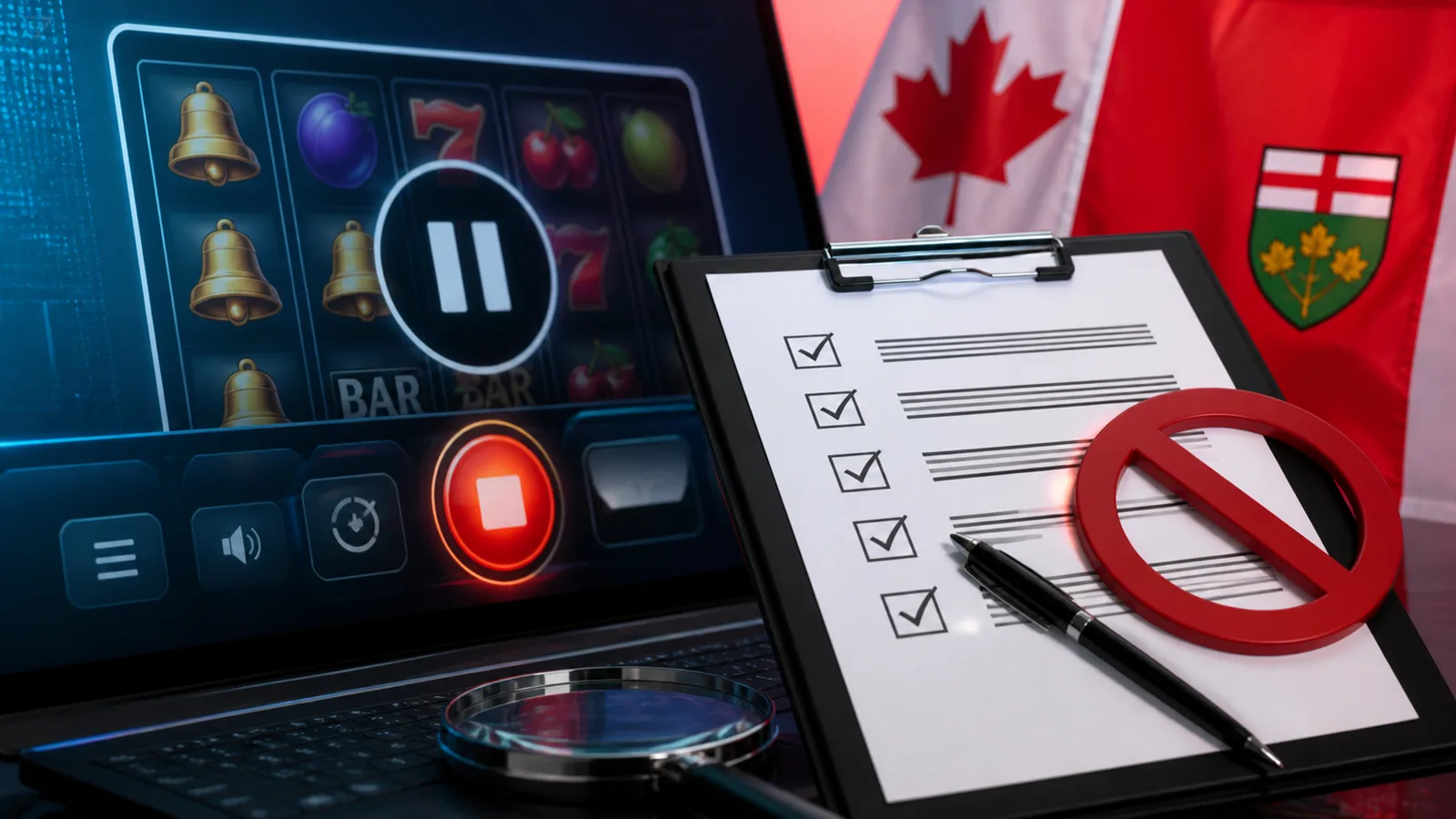AI-generated editorial illustration of Ontario online casino game-design compliance and prohibited auto-play controls