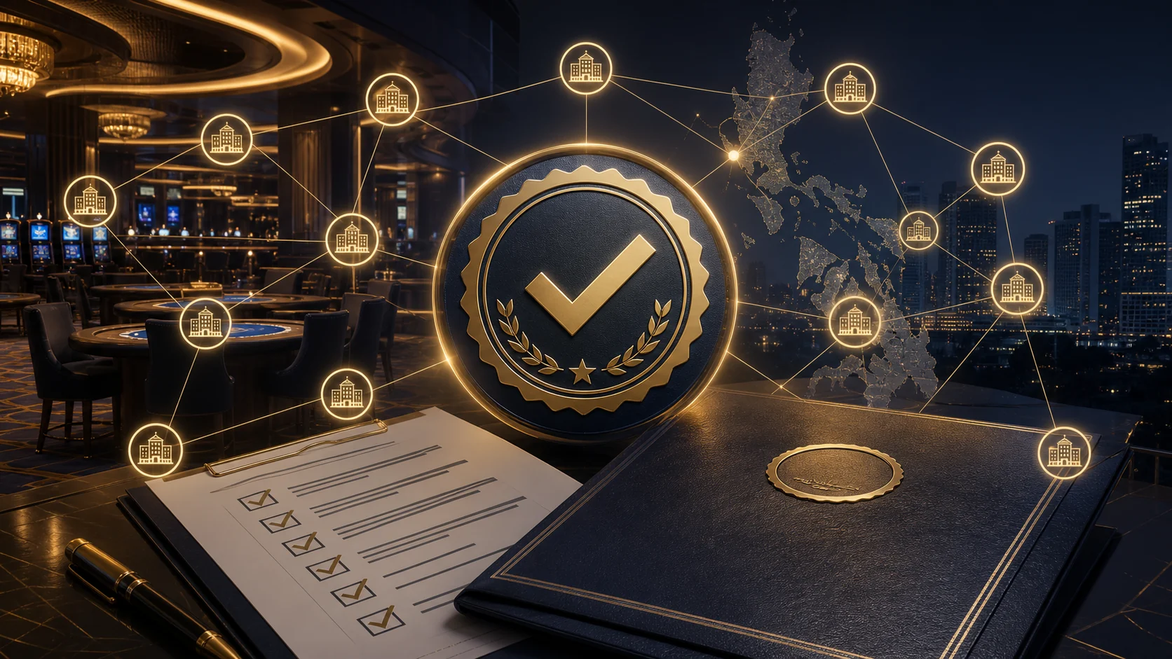 AI-generated quality certification seal connected to a network of Philippine casino locations