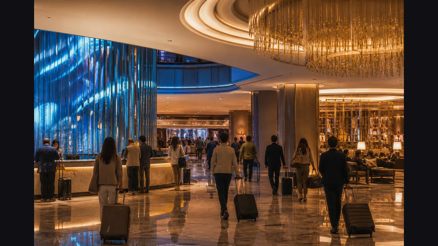Brand-neutral integrated resort lobby illustrating Japanese VIP and mass-market travel demand in South Korea