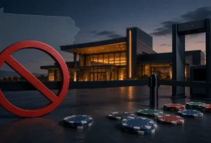Editorial illustration of Pennsylvania casino exclusion enforcement and a restricted casino entrance