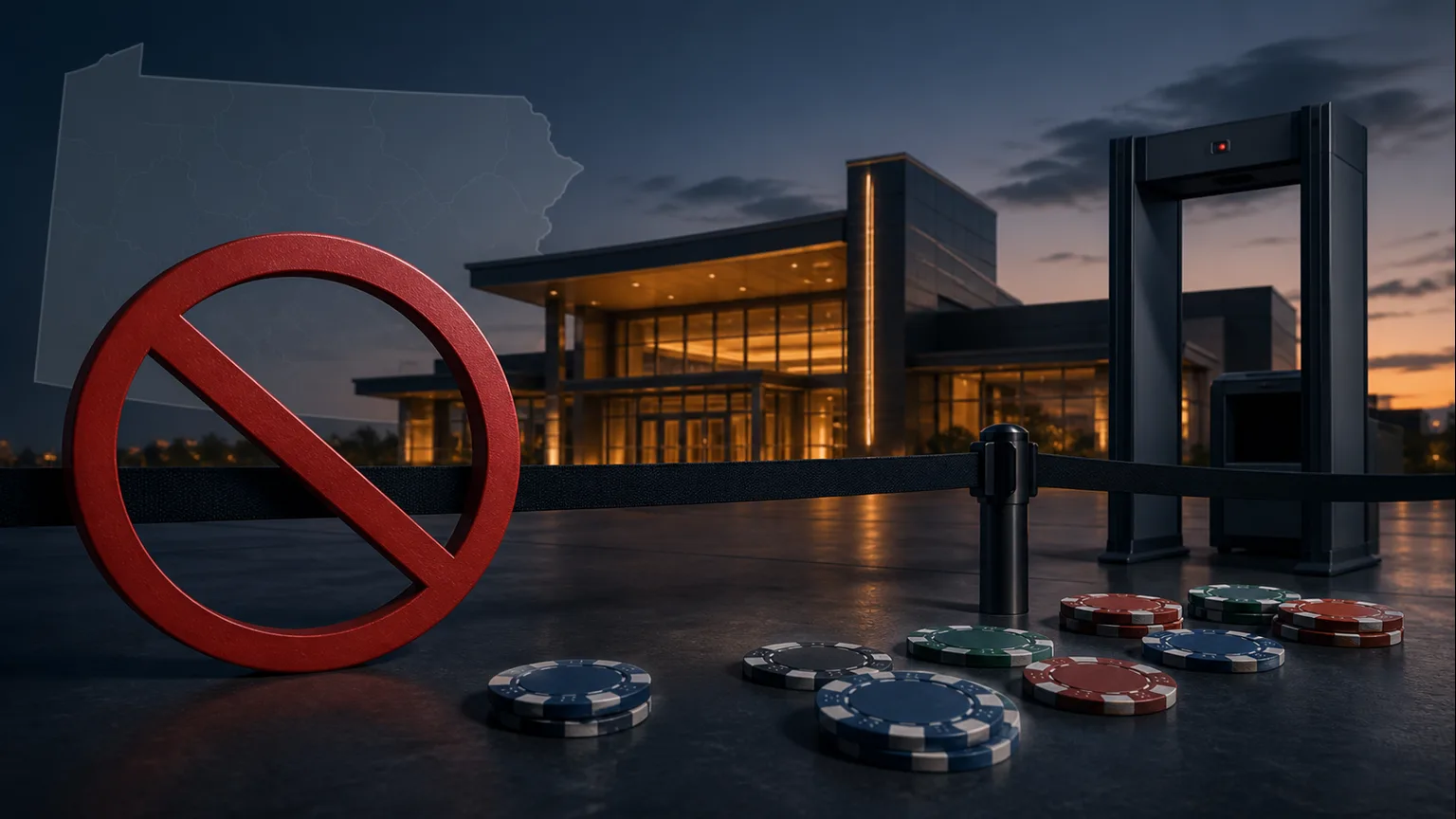 Editorial illustration of Pennsylvania gambling exclusion enforcement involving casino, online gaming and child safety