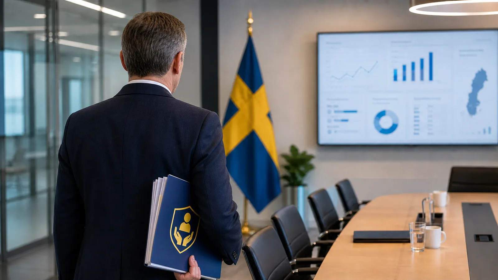 AI-generated Swedish public-agency meeting room illustrating Peter Knutsson beginning his regulator leadership term