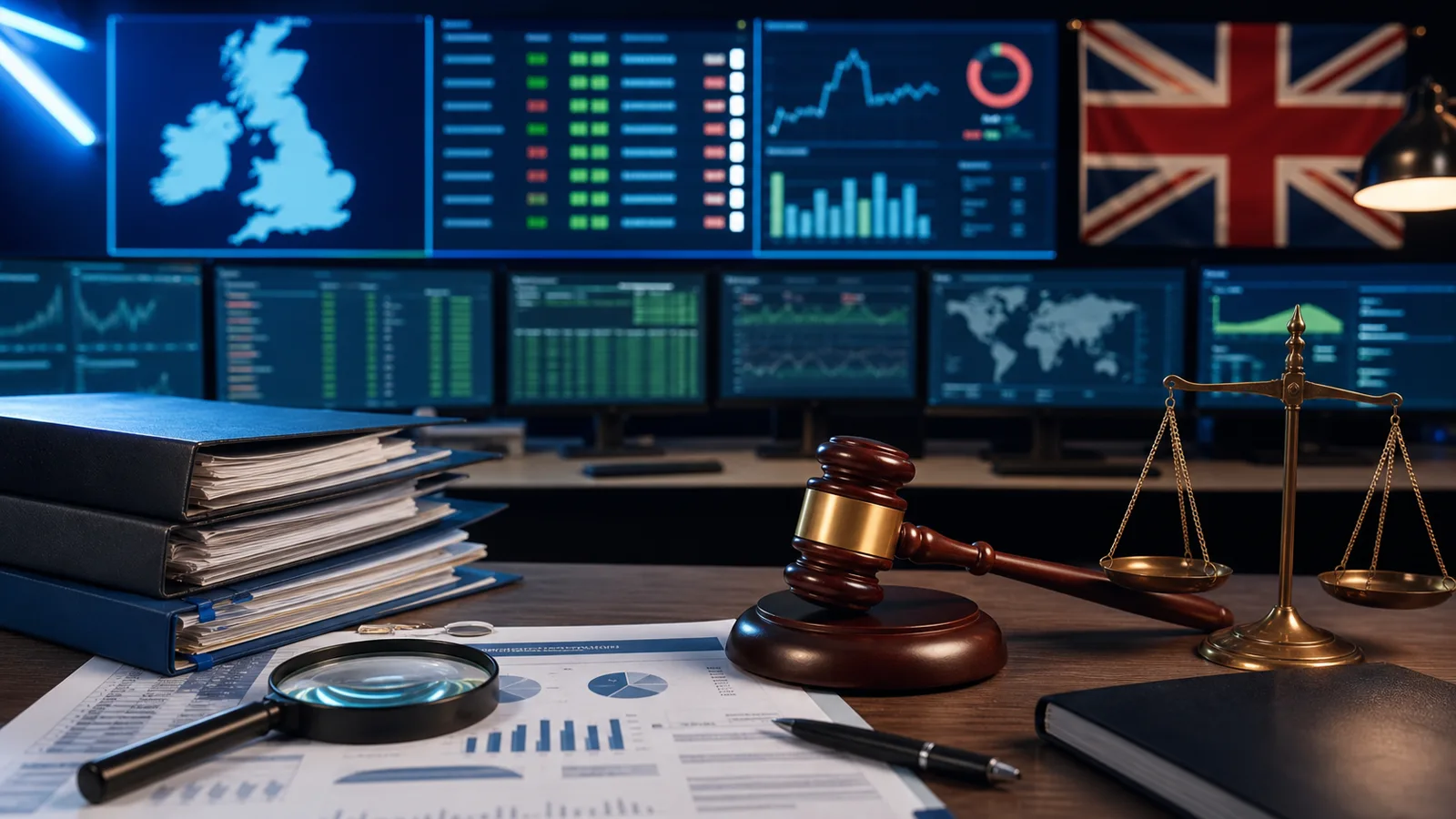 AI-generated editorial illustration of UK online gambling AML and player-protection monitoring