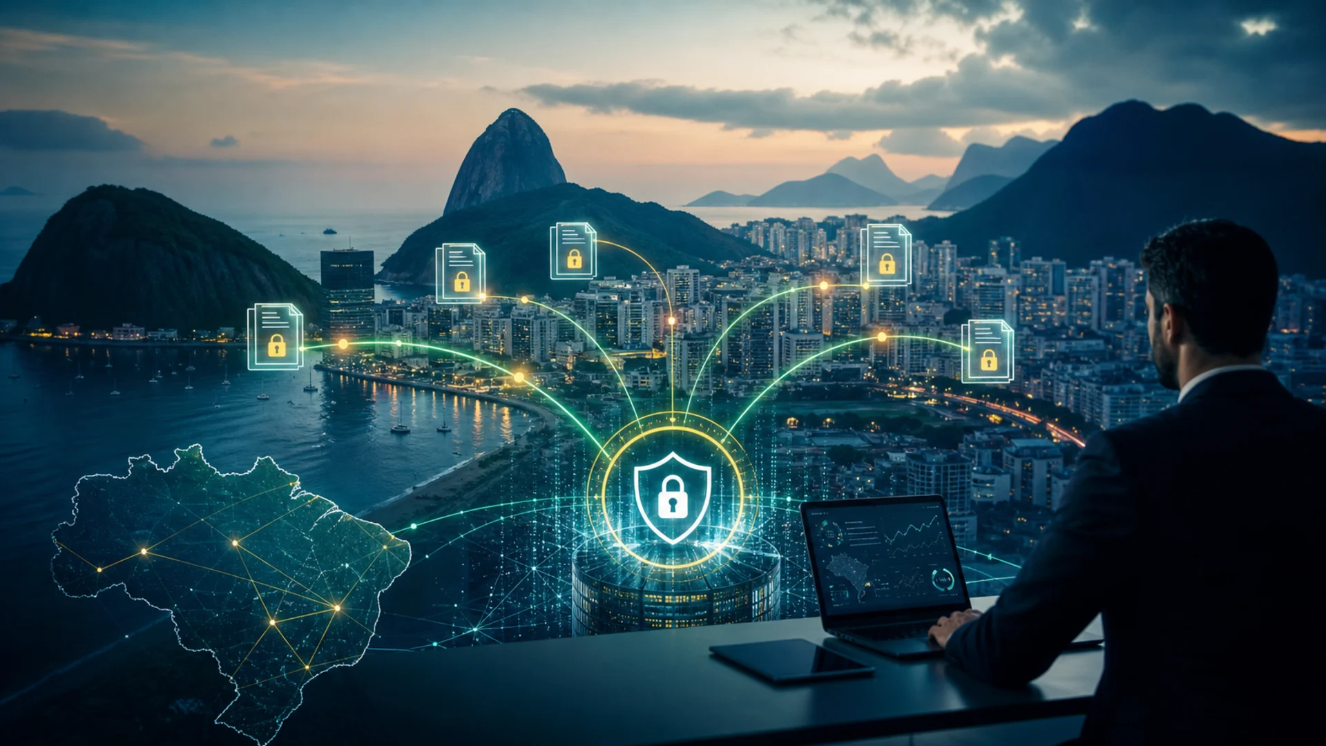 AI-generated editorial illustration of Rio de Janeiro betting operators connecting to the Siscoaf AML reporting network