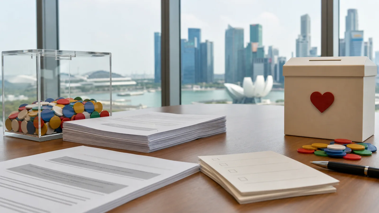 Singapore consultation papers and charity donation box representing fundraiser lottery rules
