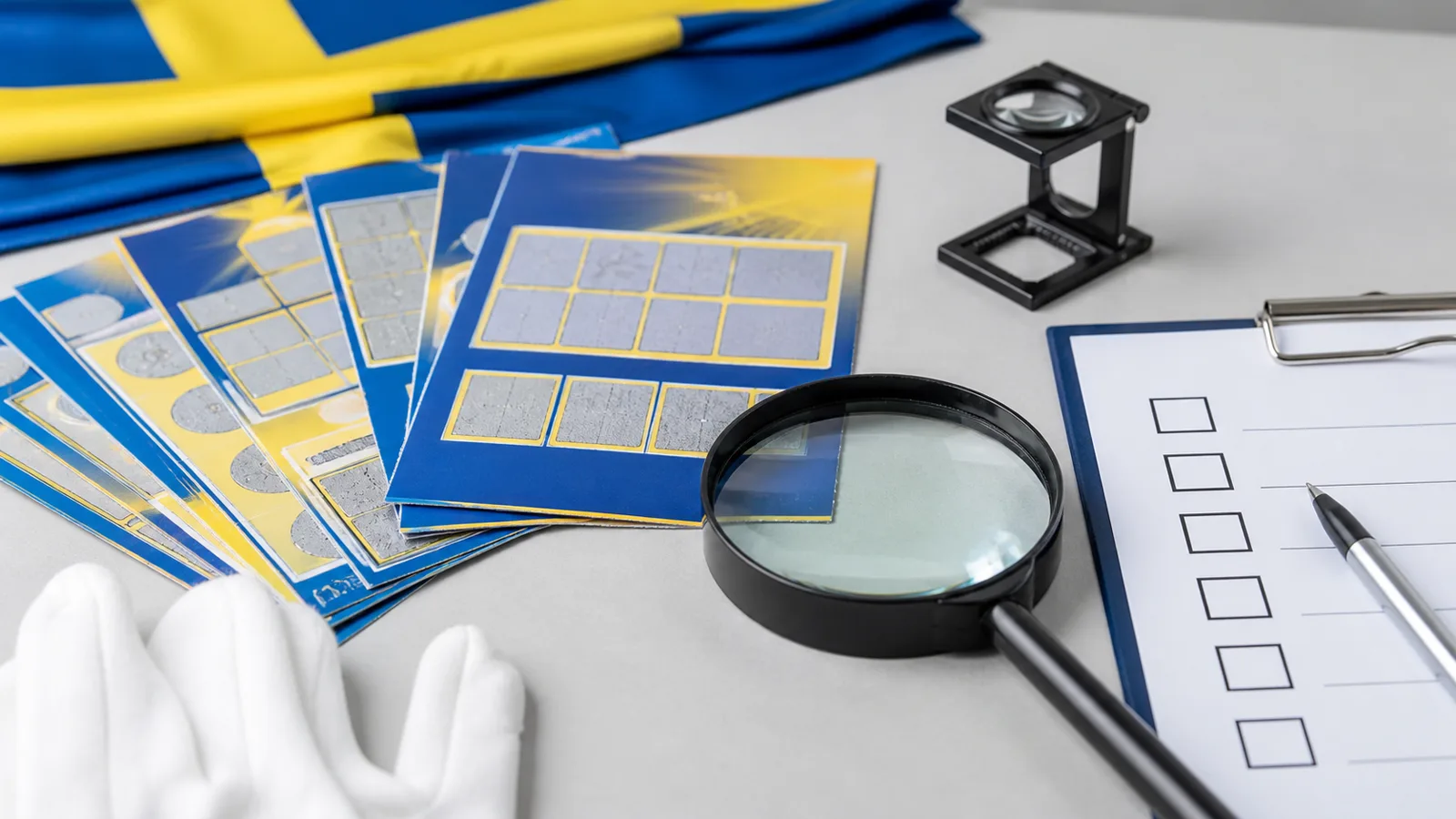 AI-generated editorial illustration of Swedish physical lottery ticket inspection and technical compliance