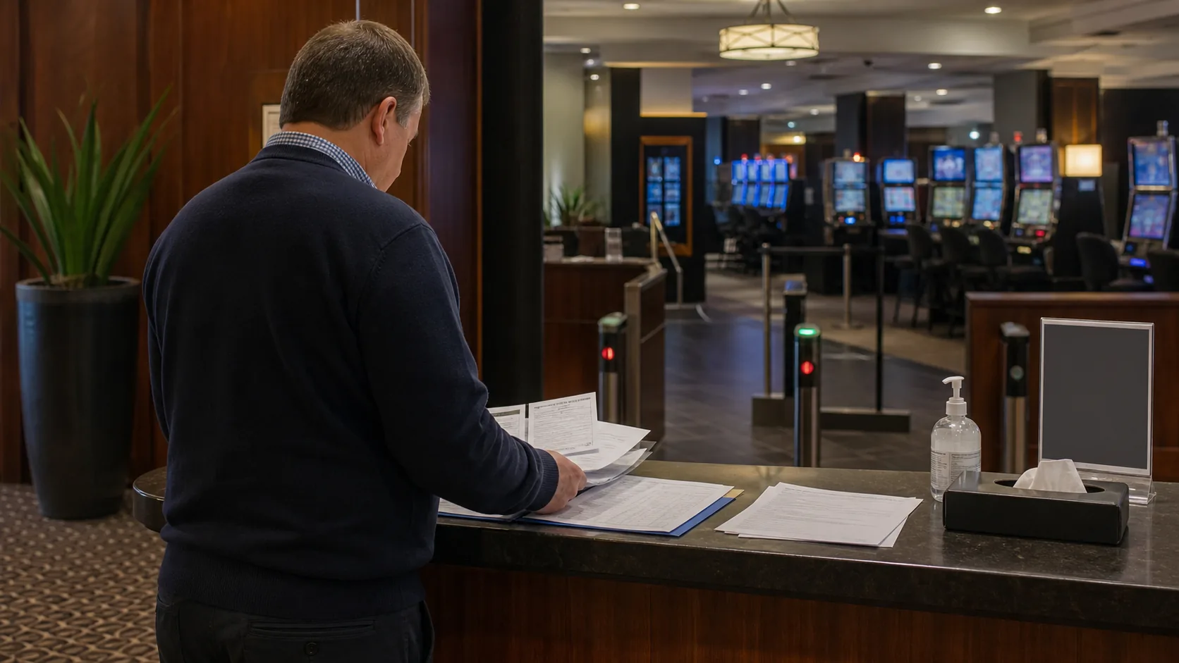 Venue manager reviewing operating rules at the controlled entrance to a Tasmanian gaming area
