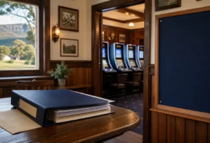 Illustrative Tasmanian tavern interior with a licensing folder and gaming terminals