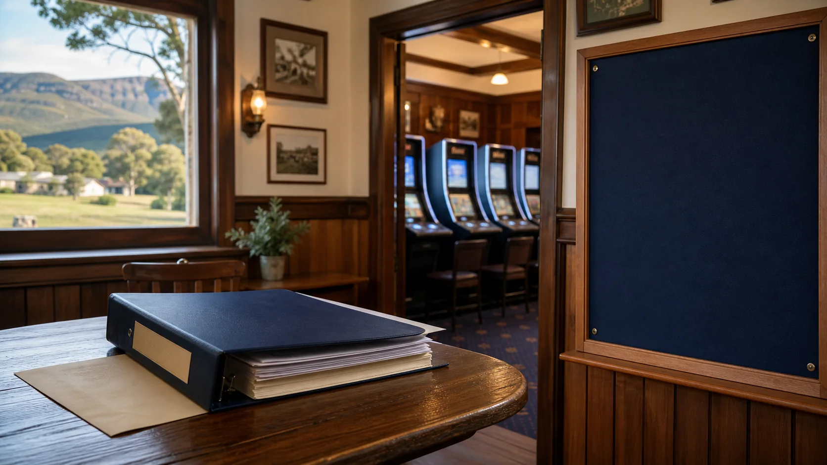 Illustrative Tasmanian tavern interior with a licensing folder and gaming terminals