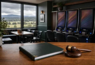 Gaming machines and a licensing folder inside a Tasmanian-style pub and bistro