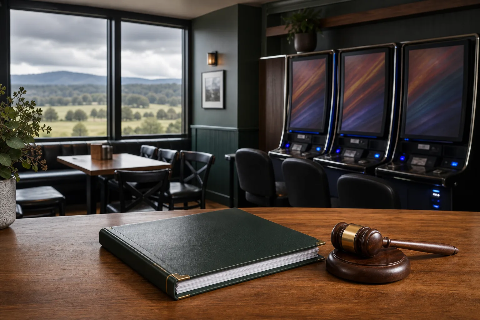 Gaming machines and a licensing folder inside a Tasmanian-style pub and bistro