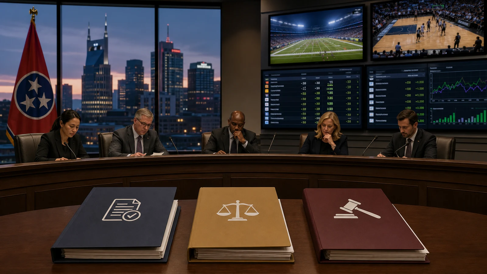 AI-generated editorial illustration of a Tennessee sports wagering council meeting reviewing renewal and fine matters