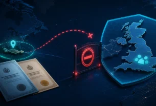 AI-generated editorial illustration of separate UK and Curacao online casino licensing jurisdictions and blocked unlicensed access