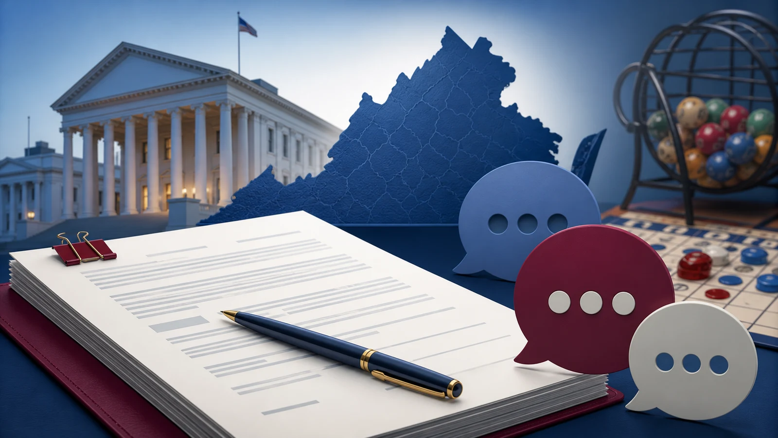 AI-generated editorial illustration of Virginia charitable gaming public participation rulemaking