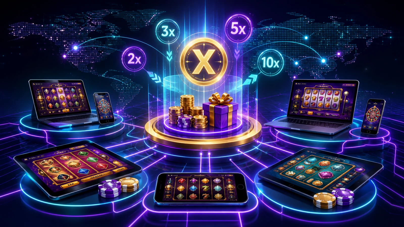 AI-generated editorial illustration of a network-wide online casino multiplier promotion
