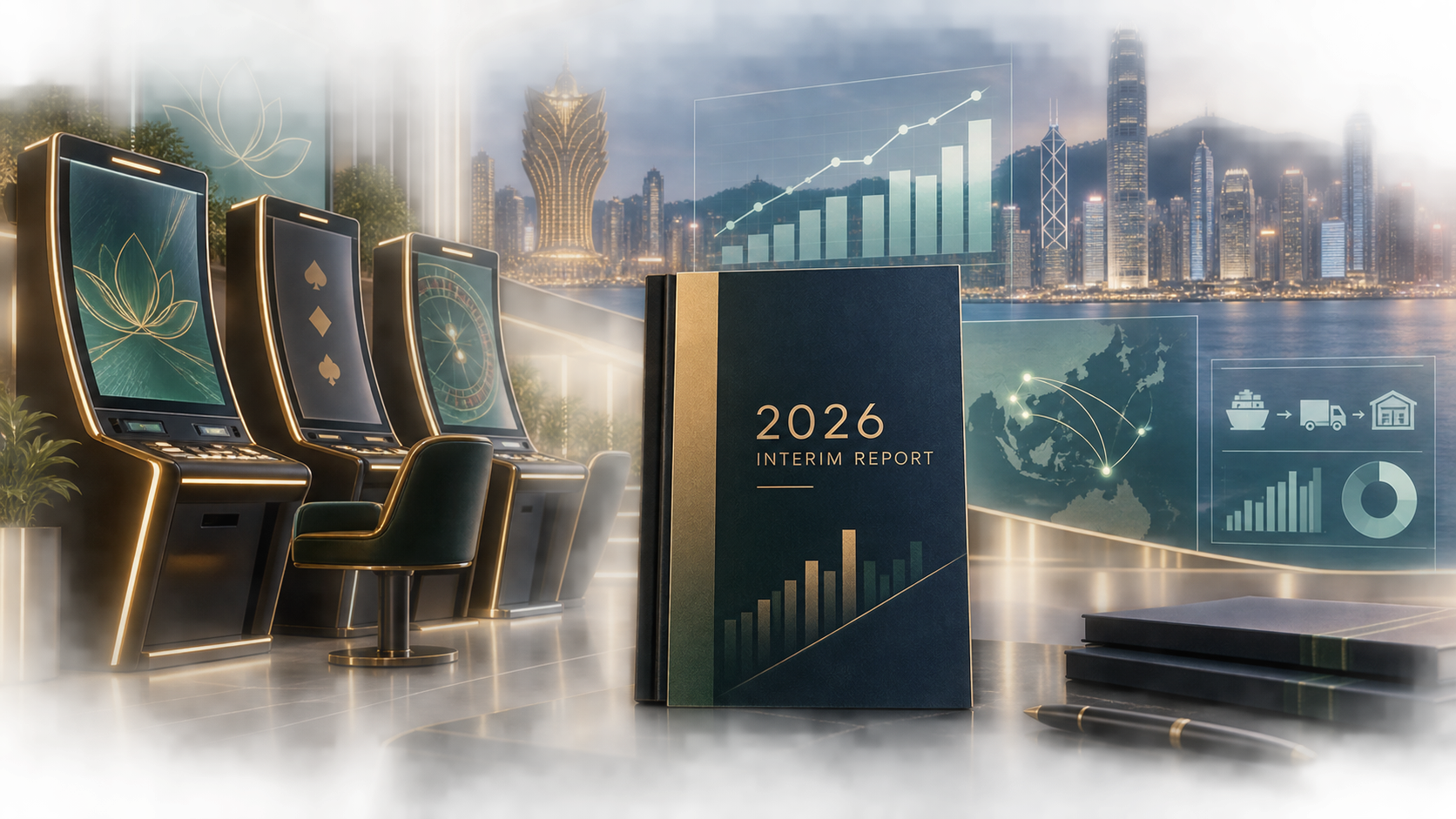 AI-generated editorial illustration of a Macau electronic gaming equipment supplier filing an interim report in Hong Kong