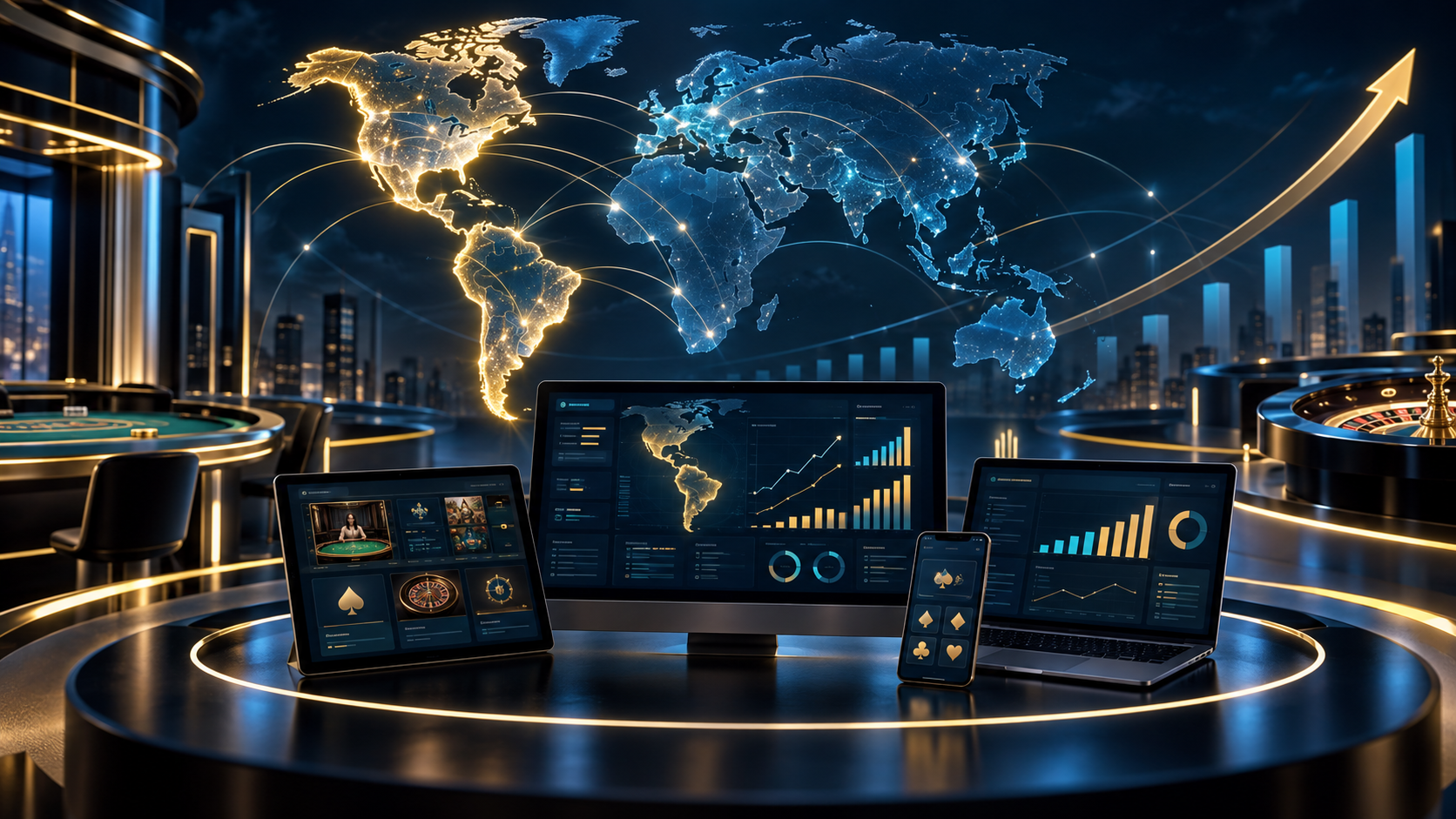 AI-generated editorial illustration of online gaming technology growth across the United States and Latin America