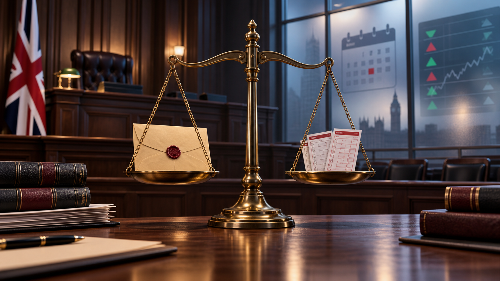 AI-generated editorial illustration of a UK courtroom balancing confidential information and betting records