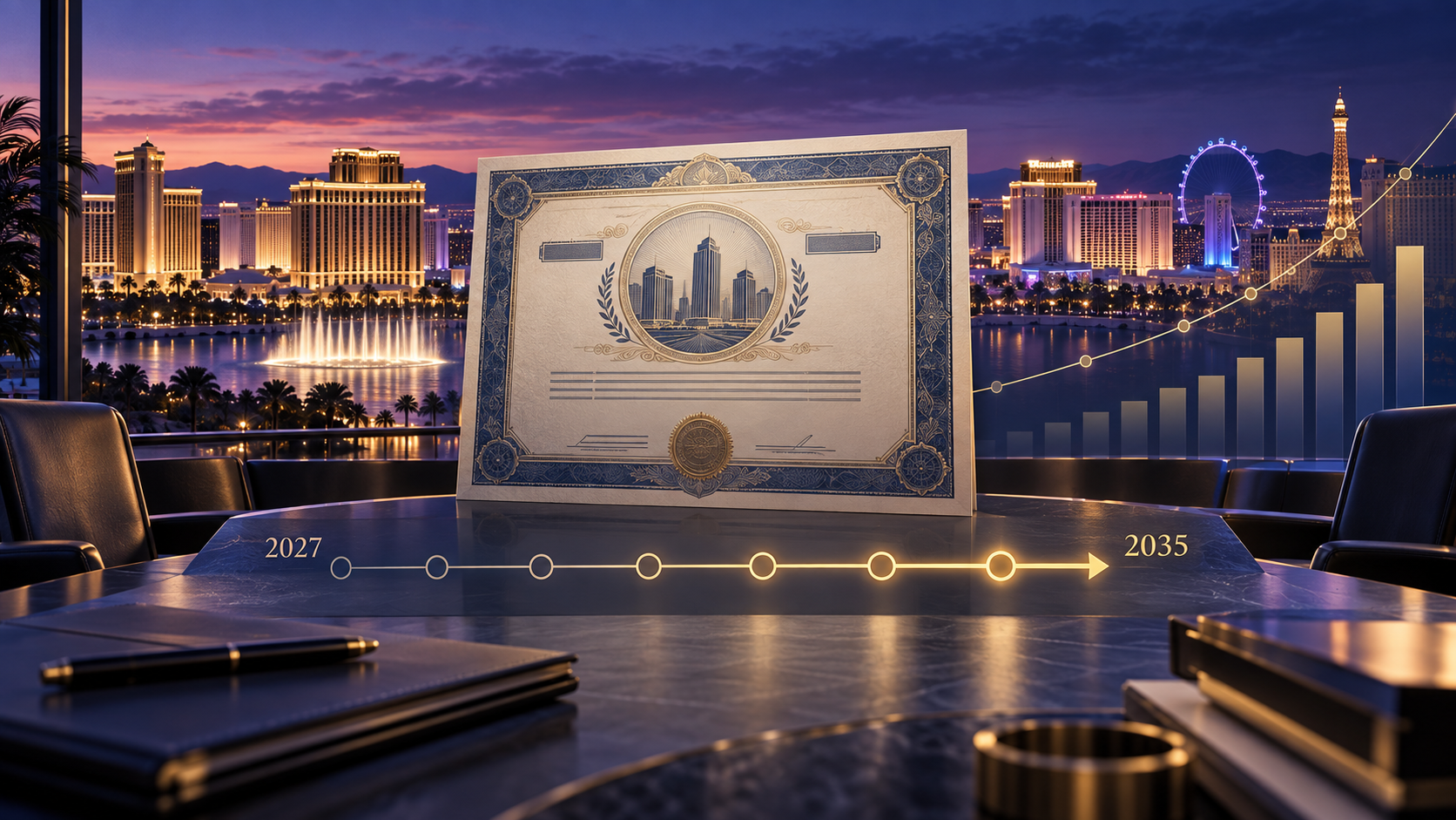 AI-generated editorial illustration of a Las Vegas casino debt refinancing that moves a 2027 maturity toward 2035